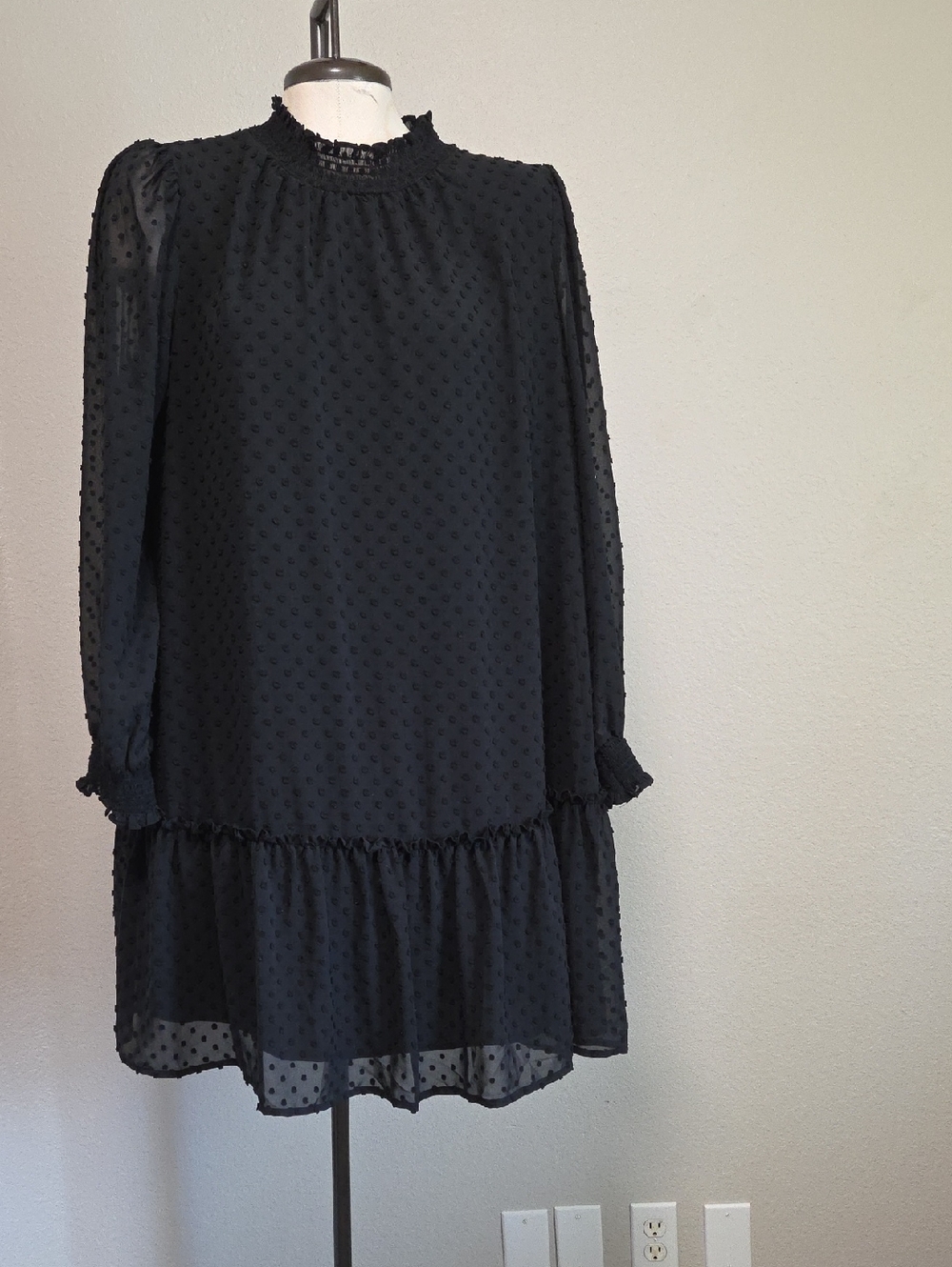 J. Crew Black Smocked Drop Waist Mini Swiss Dot Long Sleeve Ruffle Tier Dress